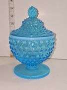 Fenton Blue Opalescent Hobnail covered candy dish.
