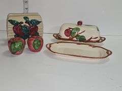 Vintage Franciscan "Apple" pattern butter dish & unnamed salt and pepper shakers, and napkin holder.