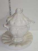 vintage California Pottery soup tureen with a lid, ladle, and underplate. Made in USA