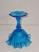 Vintage Fenton Colonial Blue Thumbprint Ruffled Compote.
