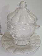 vintage California Pottery soup tureen with a lid, ladle, and underplate. Made in USA