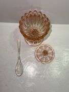 Vintage pink sugar dish with plastic spoon & pink glass lid