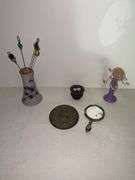 Vintage hand mirror, Avon bottle, Hat pin holder & more