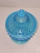 Fenton Blue Opalescent Hobnail covered candy dish.