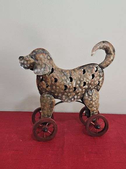 Metal Dog On Rolling Wood Wheels Tea Light Holder