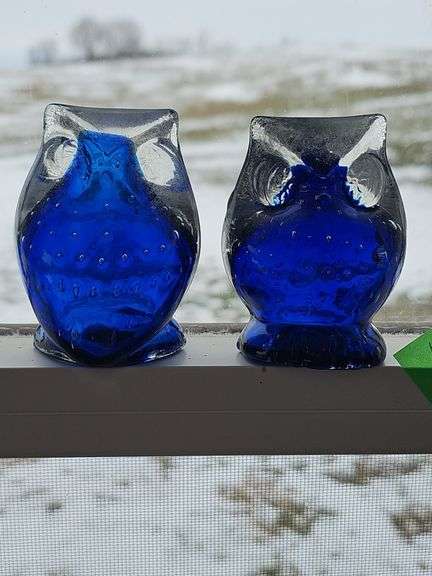 Cobalt Blue & clear glass owl paperweight