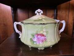 Vintage Bavaria Biscuit Hand Painted Covered Handled Serving Dish