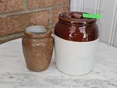 Vintage Two Tone Stoneware Crock with Lid  & small tan crock