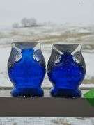 Cobalt Blue & clear glass owl paperweight