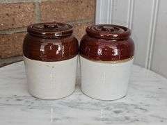 Vintage Two Tone Stoneware Crock with Lid - 2pcs