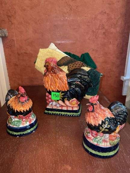 Rooster Salt n Pepper Shakers, Napkin Holder & Dish Towel