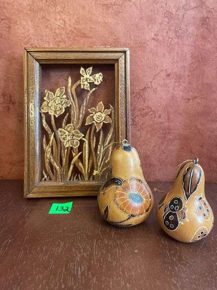 Hand Painted Gourds, & Wooden Floral Picture