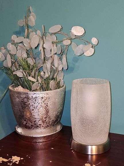 Electric Lamp, Silk Flower in Pot, & Glass Bowl