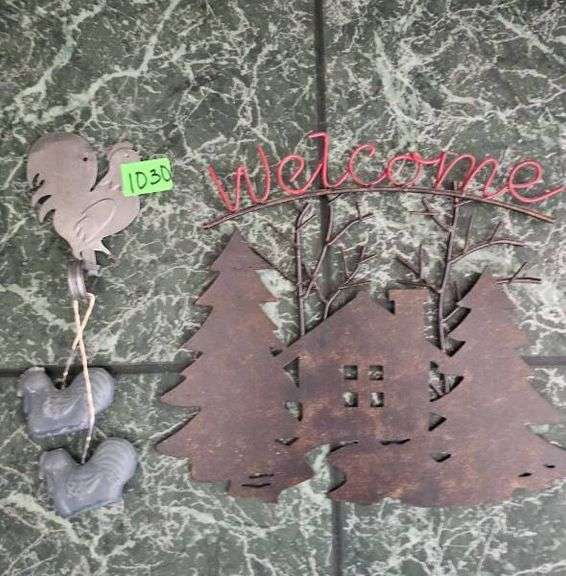 Welcome Sign & Metal Rooster With Rooster candle