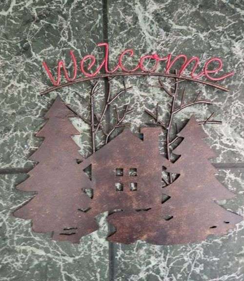 Welcome Sign & Metal Rooster With Rooster candle