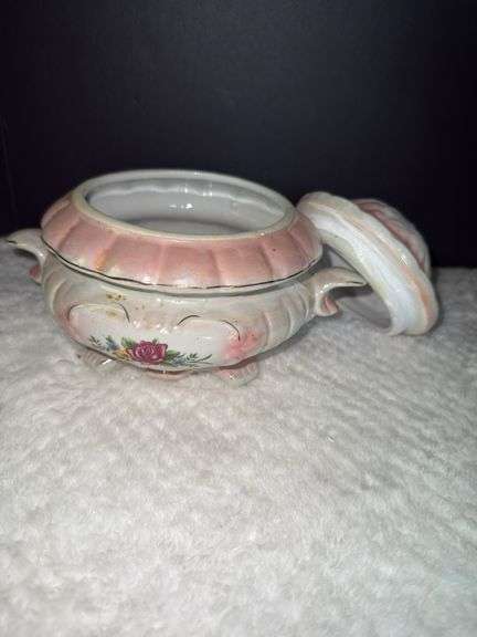 Vintage Lusterware Footed Trinket Dish & Vintage Porcelain Trinket Box with Pins