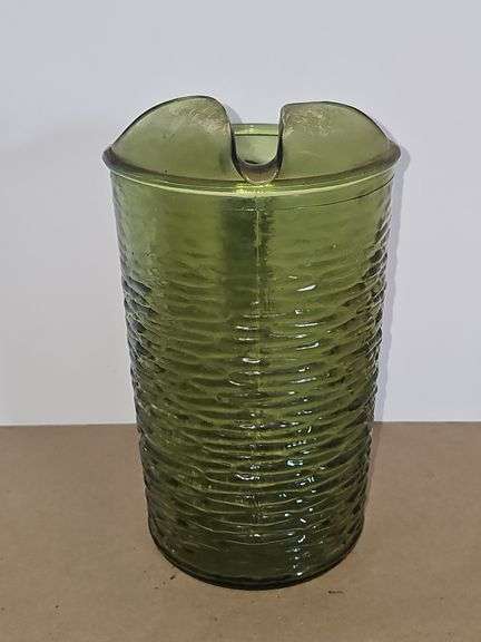 Vintage Mid Century Modern Avocado Green Glass Pitcher Anchor Hocking Sereno