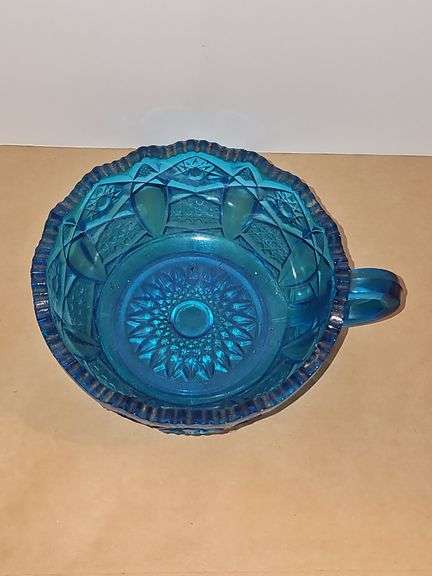Vintage Blue Glass nappy handled bowl Sawtooth rim