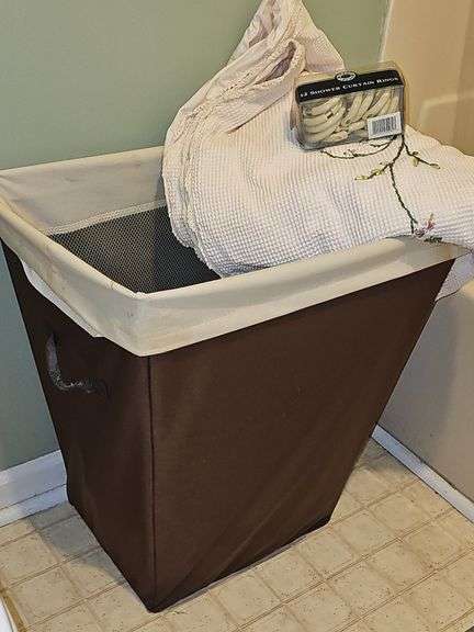 Cloth shower curtain, clothes hamper, & more.