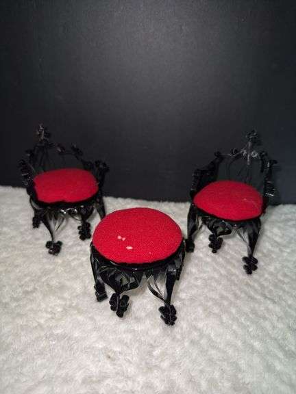 Vintage Tin Can Tramp Folk Art Pin Cushion Chair With Red Seats