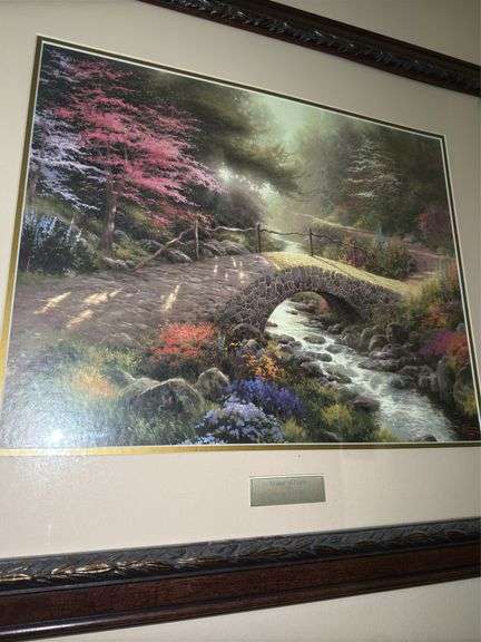 Thomas Kinkade "Bridge of Faith" Framed Print & Vintage Wall Sconces