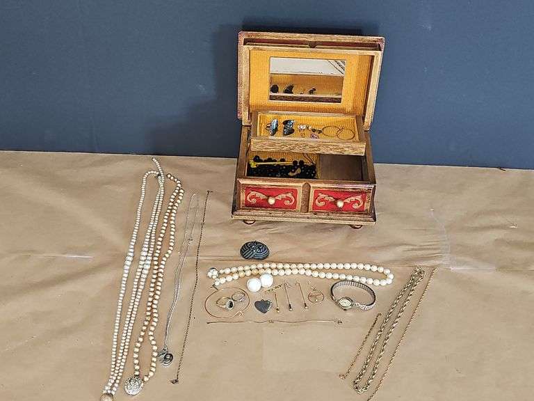 Wooden jewlery box with costume jewelry