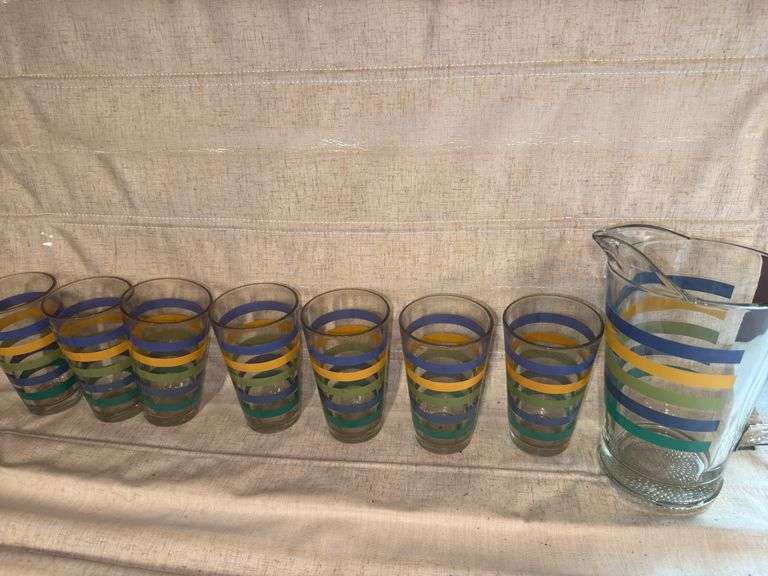 Vintage Libbey Drinking
Glasses Libbey Pastel Striped Tumbler Water Glasses & Pitcher