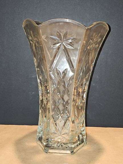 Vintage Large Clear Cut Glass Star Design Vase