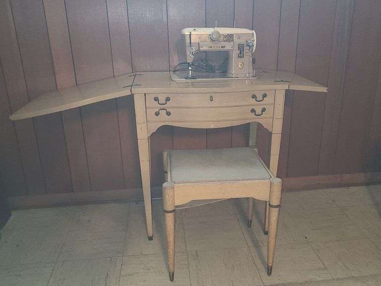 Sewing cabinet, stool, & Singer Sewing Machine