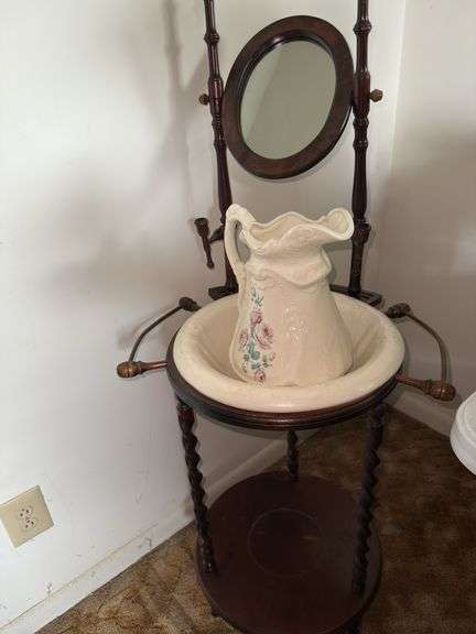 Antique Wash Stand with Mirror, Pitcher & Bowl Set