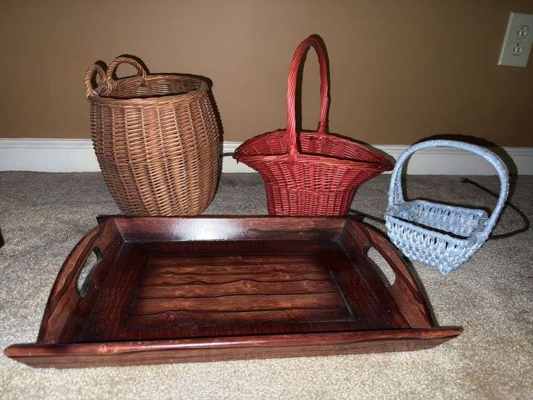 Wooden tray, metal basket, & wicker baskets.