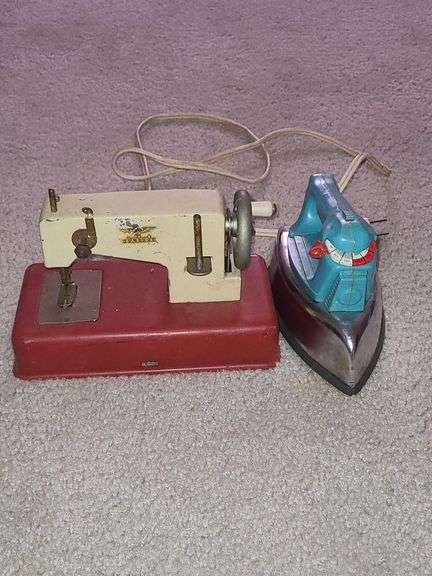 Vintage childs sewing machine & iron