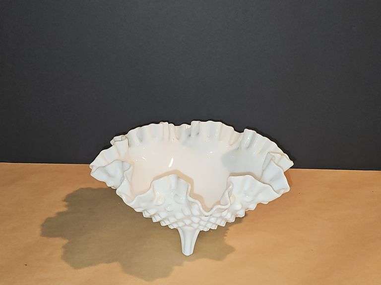Vintage Fenton White Hobnail Milk Glass Ruffled Crimped Footed Candy Bowl