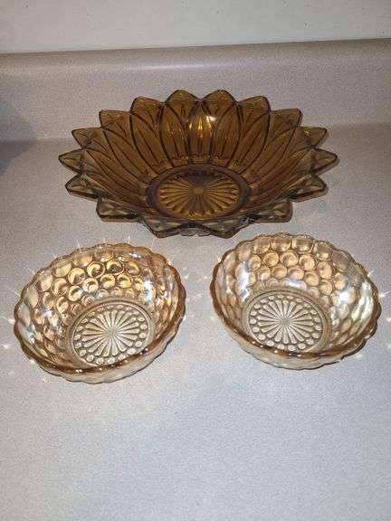 Federal Glass 10" Golden Petal Starburst Bowl & Carnival Glass Bubble Dessert/Fruit Bowls