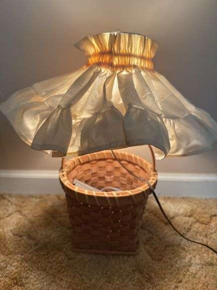 Weaved Basket Lamp with Cream Ruffled Cloth Lamp Shade