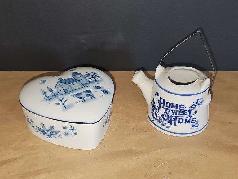 Blue & white porcelain jewelry box & blue and white porcelain watering can
