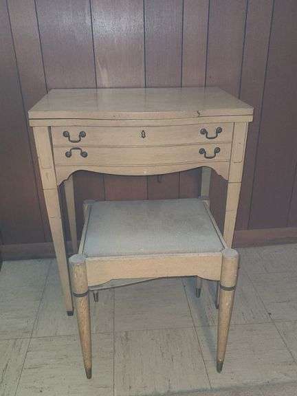 Sewing cabinet, stool, & Singer Sewing Machine