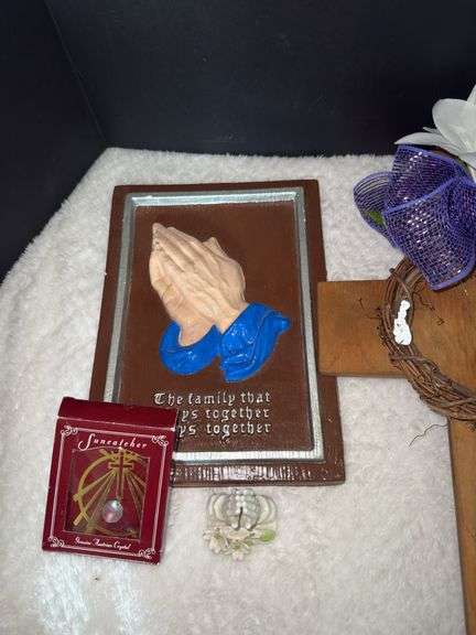 Small wooden Cross, Religious VHS tapes, inspirational books, Wall Plaques & more