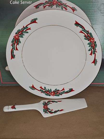 Poinsettia & Ribbons Porcelain Holiday Cake Plate 10.5" & Server