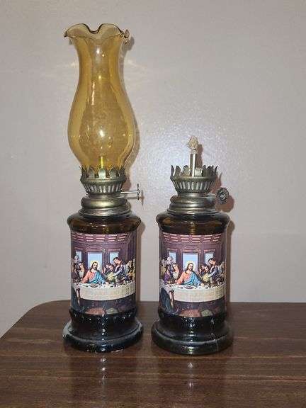 Vintage 1970’s Made in Hong Kong Amber “Last Supper” Oil Lamps