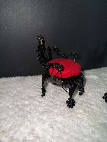 Vintage Tin Can Tramp Folk Art Pin Cushion Chair With Red Seats