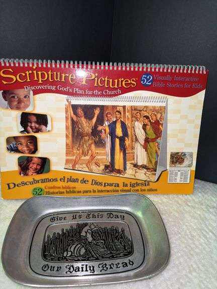 Vintage Wilton Columbia Plate, Vintage Hymn Book, Godinger Serving Tray, Scripture Picture Book & mo