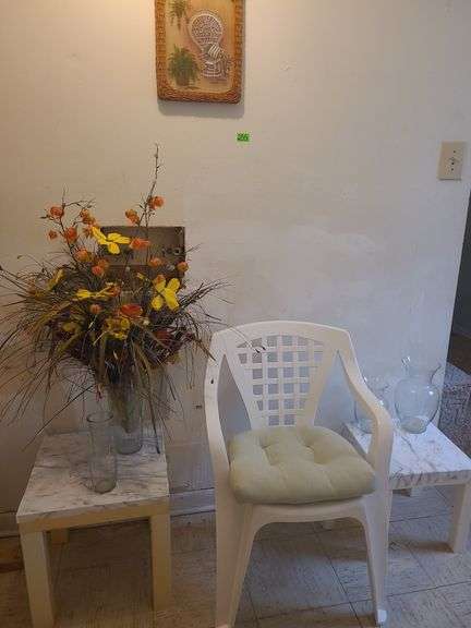 Plastic outdoor chair, plastic tables, & more