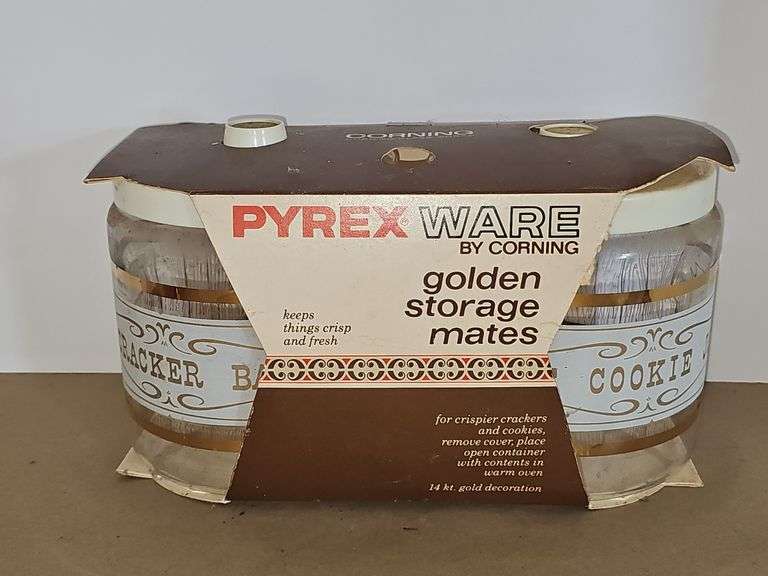 Vintage Pyrex Golden Storage Mates Set NIB Both Cookie Jar & Cracker Barrel