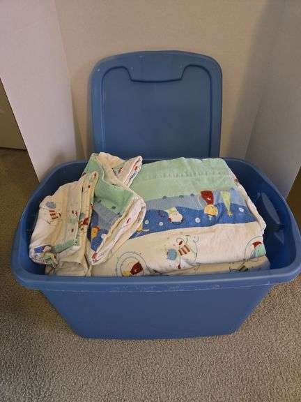 Blue tote of linens