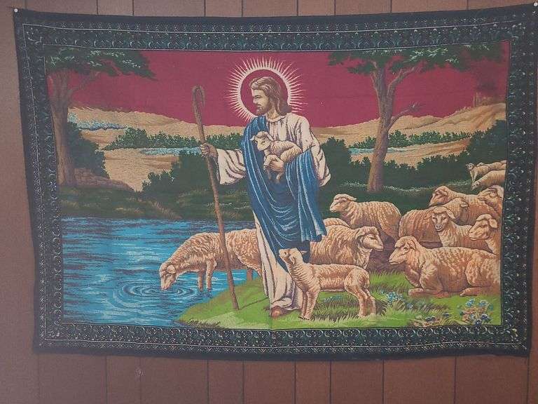 Vintage VELVET Tapestry SHEPHERD JESUS