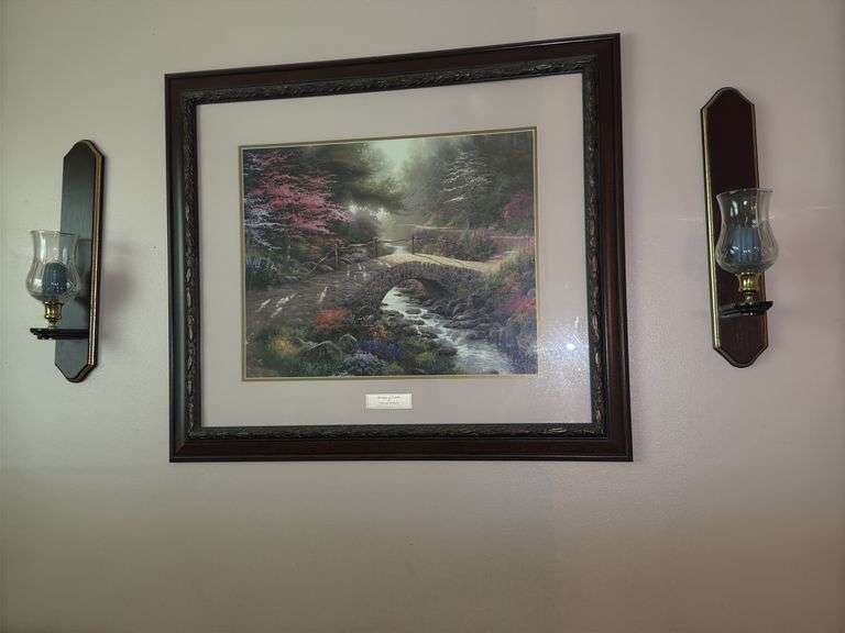Thomas Kinkade "Bridge of Faith" Framed Print & Vintage Wall Sconces
