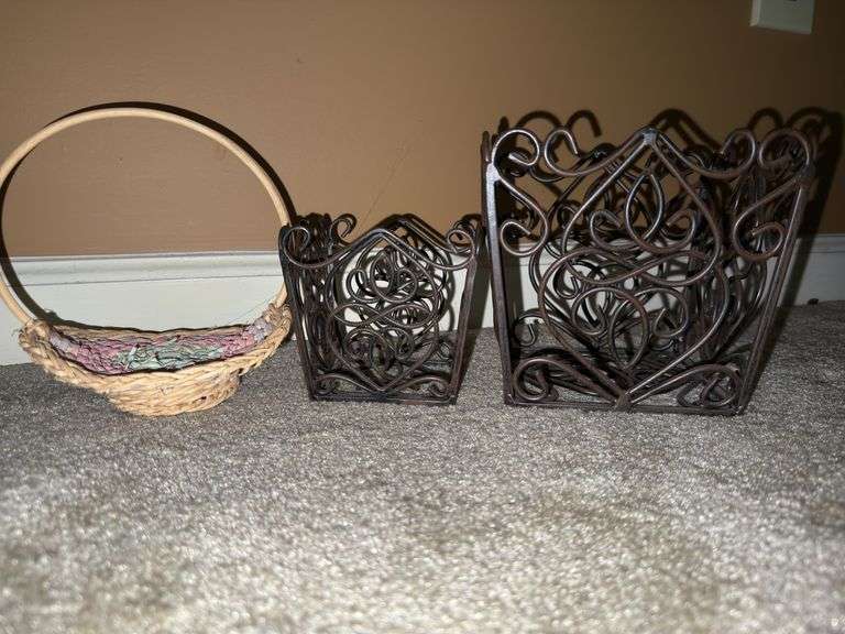 Wooden tray, metal basket, & wicker baskets.