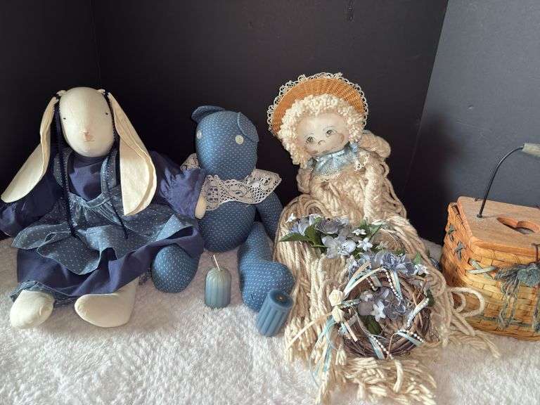 Mop Head Doll, Vintage Handmade Rabbit & Fabric Plush & Primitive Wooden Tissue Box