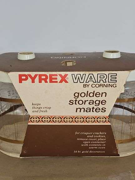 Vintage Pyrex Golden Storage Mates Set NIB Both Cookie Jar & Cracker Barrel